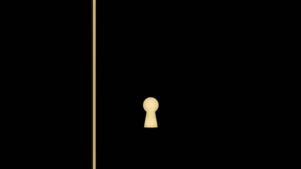 Door in a dark room opens and fills the space with bright white light, new possibilities concept. Animation. Abstract silhouette of door and keyhole with a key inside, monochrome. — Stock Photo, Image