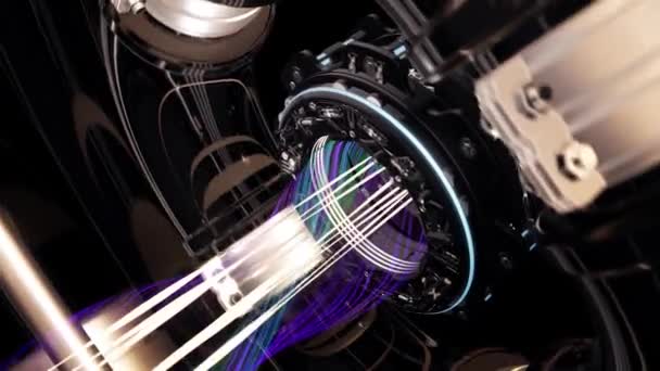Abstrakte 3D futuristische rotierende Turbine mit vielen Lichtstrahlen, die von ihrem Zentrum auf schwarzem Hintergrund kommen, nahtlose Schleife. Animation. bebildertes Detail einer Rakete, Raumfahrtkonzept. — Stockvideo