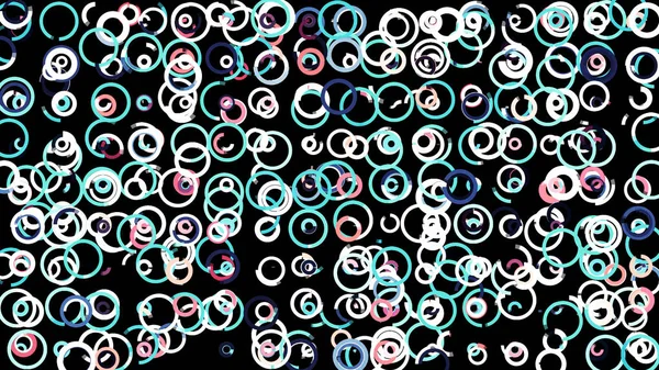 Abstraktní pohybující se úzké čáry tvořící mnoho kruhů kolébajících se na černém pozadí, bezešvé smyčky. Animace. Barevné kulaté figurky, kruhy chaoticky rozprostřené. — Stock fotografie