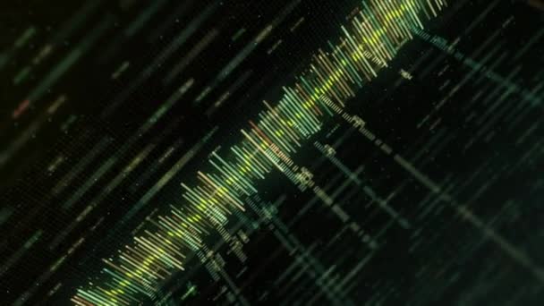 Абстрактный цветной эквалайзер в стиле матрикс на черном фоне. Анимация. Музыкальный трек или бизнес-диаграмма с цветными штрихами и числами в стиле компьютерной матрицы — стоковое видео