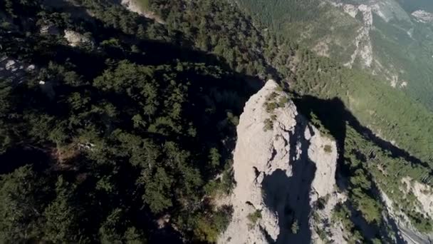 Bergen och klipporna täckta av grön skog. Skjuten. Tall träd på berget sluttningar med en gigantisk sten under det ljusa solljuset. — Stockvideo