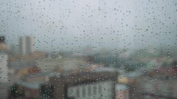 Σταγόνες βροχής σε γυαλί με φόντο. Στικ. σταγόνες βροχής στο παράθυρο στο φόντο της πόλης — Αρχείο Βίντεο