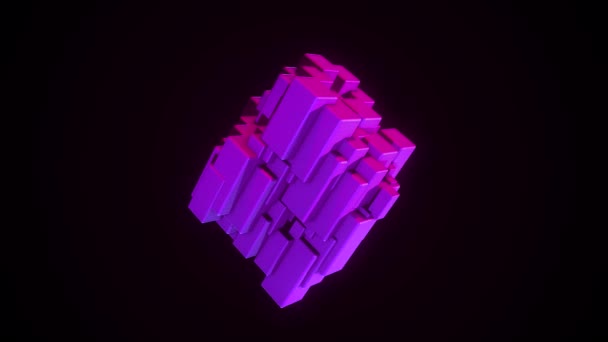 Abstract rotating cubic figure. Animation. Abstract multicolored figure of rectangular blocks rotates on black background. Bright cubic figure of blocks rotates and reflects neon colors — Stockvideo