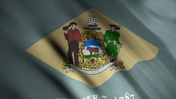 Close-up of flying flag of Delaware. Animation. Animated background with blue flag waving in wind with rhombus and image of state emblem. Flags of States of America — Stock Photo, Image