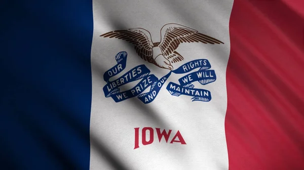 Detailní záběr vlnění vlajky Iowy. Animace. Animované pozadí s vlajkou vlnící se ve větru s červenými, bílými a modrými svislými pruhy a obrazem orla. Vlajky států amerických — Stock fotografie