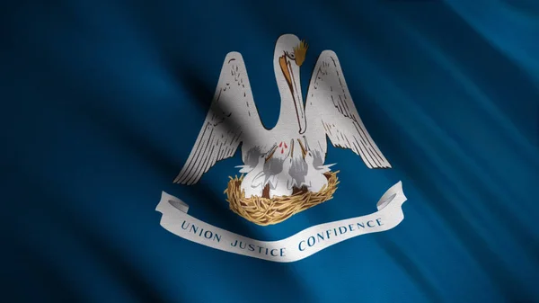 Zbliżenie machającej flagą Luizjany. Animacja. Animowane tło z niebieską flagą machającą na wietrze z wizerunkiem Pelikana i Piskląt. Flagi państw Ameryki — Zdjęcie stockowe