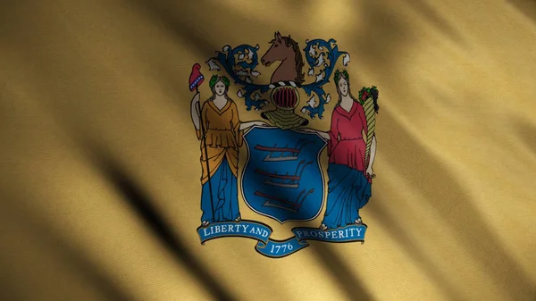 Close-up da bandeira acenando de Nova Jersey. Animação. Fundo patriótico com bandeira amarela retangular acenando no vento e imagem do selo estatal. Bandeiras dos Estados da América — Fotografia de Stock