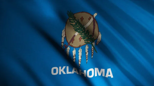Close-up van zwaaiende Oklahoma vlag. Animatie. Patriottische achtergrond vlag is rechthoekig blauwe kleur met afbeelding in het centrum van Indiase apparaten. Vlaggen van de Staten van Amerika — Stockfoto