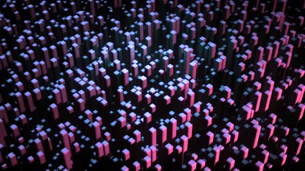 Абстрактная 3D-анимация с восходящими цветными квадратиками. Анимация. Выдвижные трехмерные прямоугольные блоки с красивыми разноцветными огнями — стоковое видео