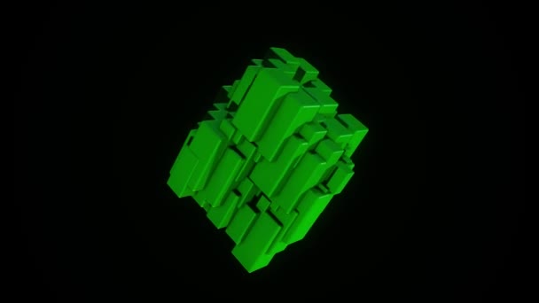 Анотація обертової кубічної фігури. Анімація. Абстрактна різнокольорова фігура прямокутних блоків обертається на чорному тлі. Яскрава кубічна фігура блоків обертається і відображає неонові кольори — стокове відео