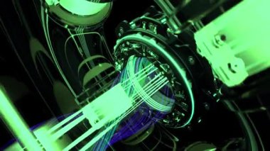Fütürist teknoloji kavramı, dönen borularla çevrili parlak kirişlerle dönen lazere yakın çekim. Animasyon. Yeşil neon lazer dönüyor ve parlıyor.