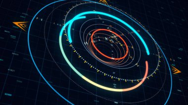 Casus tarzında daireler çizen soyut animasyonlar. Animasyon. Fütürist tarzda bilgisayar grafikleri çiziyor. Bilimsel bilgisayar grafiklerinde neon tekno çemberler