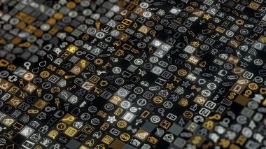 Soyut arka plan Emoji simgeleri. Animasyon. Nesnelerin çizimlerine sahip birçok küçük renk hücresi katı bir zemin oluşturur. Farklı nesnelerin parlayan emojilerinin arkaplanı