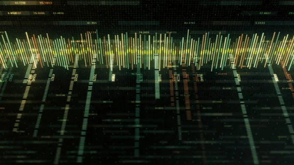 Αφηρημένη πολύχρωμο ισοσταθμιστή matrix-style σε μαύρο φόντο. Κινούμενα σχέδια. Μουσική κομμάτι ή επιχειρηματικό διάγραμμα με χρωματιστά εγκεφαλικά επεισόδια και αριθμούς σε στυλ μήτρας υπολογιστή — Φωτογραφία Αρχείου