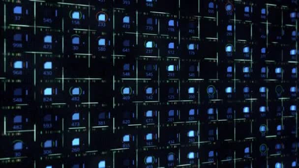 세포와 숫자를 가진 하이테크의 미래적 배경 과 함께 말이죠. 애니메이션. 미래 지향적 인 스타일의 컴퓨터 폴더와 숫자의 끝없는 배열 — 비디오