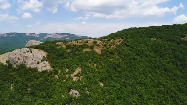Flygfoto över skogsklädda bergssluttningar, sommarlandskap. Skjuten. Hisnande grön vegetation växer på höga kullar på blå molnig himmel bakgrund. — Stockvideo