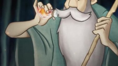 Kaynayan tencerenin üzerinde iksir yapan yaşlı bir büyücünün soyut animasyonu, garip malzemeler eklemek ve parlak bir ışık huzmesi elde etmek. Stok görüntüleri. Büyü ve ritüel kavramı.