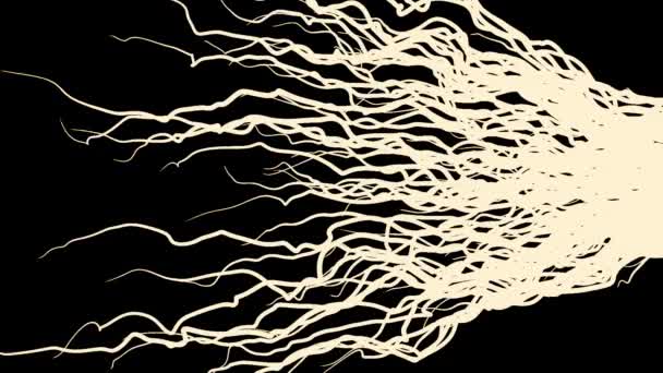 Beige ondulé rayonnant lignes blanches courbes élégantes sur fond noir. Animation. Belles racines abstraites blanches se déplaçant de gauche à droite et disparaissant de l'écran .
