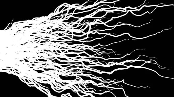 White glowing wavy elegant curved white lines on black background. Animation. Beautiful white abstract tree roots moving from left to right and spreading all over the screen, monochrome.