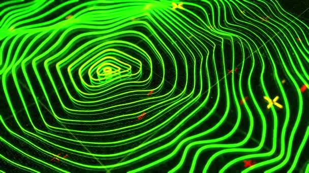 Концентричні зелені кільця рухаються на фоні чорного екрану. Анімація. Абстрактна радарна або звукова програма, хвиляста неонова текстура, безшовна петля . — стокове відео