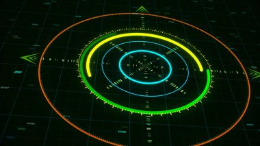 Casus tarzında daireler çizen soyut animasyonlar. Animasyon. Fütürist tarzda bilgisayar grafikleri çiziyor. Bilimsel bilgisayar grafiklerinde neon tekno çemberler