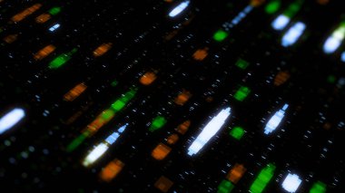 Siyah arka planda parlak çizgiler. Animasyon. Siyah arka planda görünen ve değişen dijital darbelere ve çizgilere sahip siber uzay. Dijital uzay yağmuru