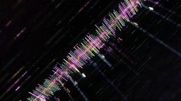 Abstracte achtergrond met muziek track en nummers. Animatie. Abstracte kleur equalizer beweegt met getallen op zwarte achtergrond. Computerequalizer matrix — Stockfoto