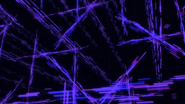 Siyah arkaplan üzerinde soyut hareket eden mor çizgiler, pürüzsüz döngü. Animasyon. Hipnotik düz kısa şeritler tek tek farklı yönlere akıyor, kusursuz bir döngü..