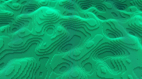 Волнистая поверхность с рябью и зерном, бесшовная петля. Анимация. 3D яркая пиксельная текстура зеленого цвета, футуристического и технологического фона . — стоковое фото