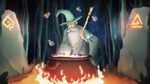 Abstract animation of an old wizard making a potion above boiling pot with flying strange ingredients and a bright beam of light soaring up. Stock footage. Magic and ritual concept. — Stock Video