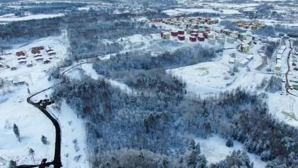 背景に小さな町と霜の日の飛行中の冬の森の空中ビュー。動きだ鳥の飛行の高さに雪に覆われた冬の森の景色. — ストック動画