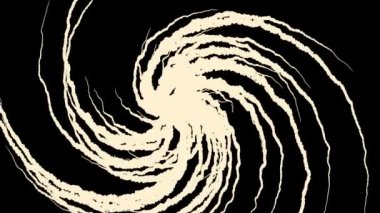 Siyah zemin üzerinde beyaz renkli parlayan çizgilerin soyut spiral dönüşleri. Animasyon. Bükülmüş çizgilerin güzel mavi dönen girdabı, monokrom.