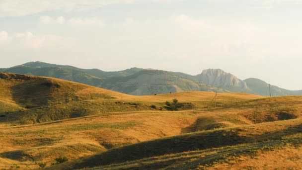 Vista dall'alto dei prati asciutti autunnali sulle colline. Gli hanno sparato. Luminosa erba arancione in una giornata di sole — Video Stock