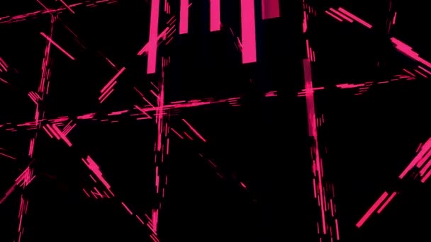 Des lignes roses fluo abstraites en mouvement sur fond noir, boucle transparente. Animation. Bandes courtes droites hypnotiques circulant une à une dans différentes directions, boucle sans couture . — Video