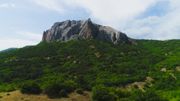 空を背景に緑の山の頂上に急峻な岩の斜面のトップビュー。撃たれた絵のように美しい緑の山々の岩の上 — ストック動画