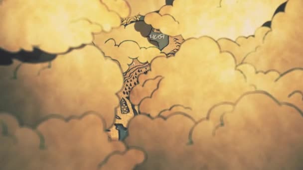 Cartoon-Karte von Tälern. Archivmaterial. abstrakte 3D-Animation, eingetaucht in eine Abenteuerkarte mit Tälern und Meeren. animierte Gesundheitskarte im Stil des Märchens — Stockvideo