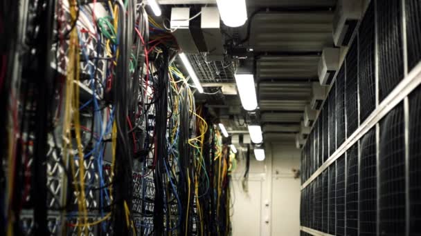 Inside room with data centers and cables. Stock footage. Room with data centers, cables and solar panels to absorb bright artificial lighting — 비디오