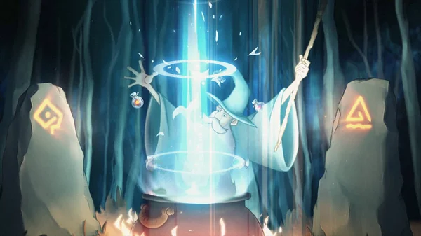 Abstract animation of an old wizard making a potion above boiling pot with flying strange ingredients and a bright beam of light soaring up. Stock footage. Magic and ritual concept.