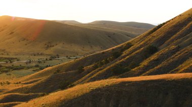 Tepenin yamacındaki çayırda otlayan atların olduğu manzara. Vuruldu. Yamaçtaki otlayan atların manzarası