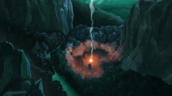 夜の風景や火災の漫画アニメーション。ストック映像だ幻想的な夜に石に囲まれた岩の風景や儀式のたき火でアニメーションを描いた。漫画用アニメーション — ストック写真