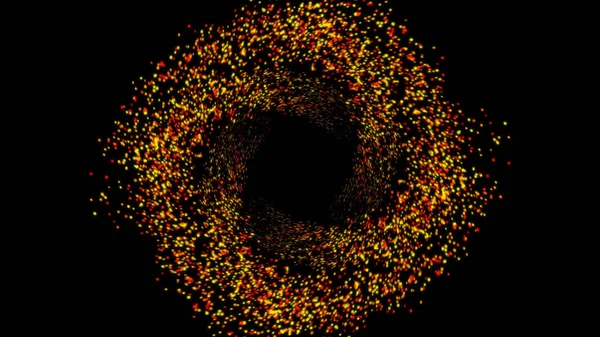 Pequeñas partículas de colores rojo y amarillo giran sobre un fondo negro formando un círculo. Animación. Fondo dinámico moderno futurista con partículas brillantes . — Foto de Stock