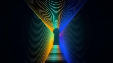 Neon anahtar deliği simgesinin soyut animasyonu siyah arkaplanda ışık dağılım etkisiyle tünel oluşturur. Animasyon. Anahtar deliği siluetinin etrafındaki renkli çerçeveler.
