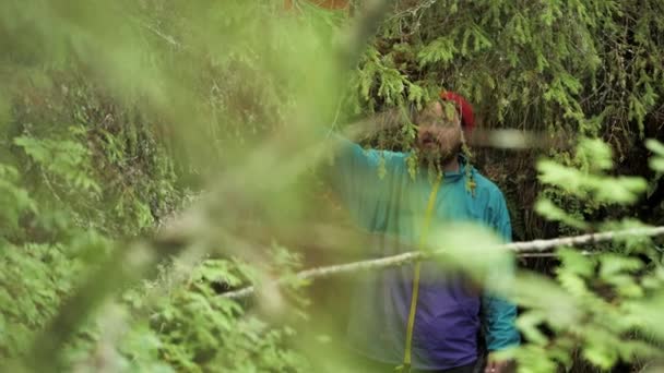 男人站在绿树成荫的灌木丛中，手里拿着明亮的烟花。 库存录像。 穿着蓝色夹克头戴红色帽子的旅客在森林里迷了路. — 图库视频影像