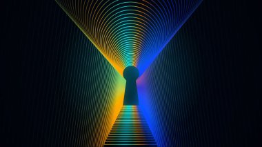 Neon anahtar deliği simgesinin soyut animasyonu siyah arkaplanda ışık dağılım etkisiyle tünel oluşturur. Animasyon. Anahtar deliği siluetinin etrafındaki renkli çerçeveler.