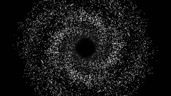 Black hole in space surrounded by glowing white star field. Animation. Beautiful cosmic monochrome landscape of rotating particles.