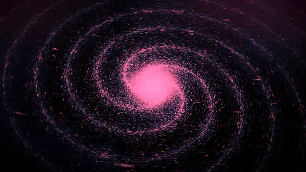 Astratto rosa minuscole particelle che volano a forma di spirale intorno al centro incandescente su sfondo nero, anello senza soluzione di continuità. Animazione. Piccoli punti che si muovono intorno alla sfera splendente . — Foto Stock