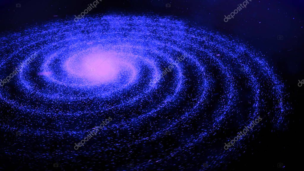 Abstract pink and blue tiny particles flying in a shape of spiral around the glowing center on black background, seamless loop. Small dots moving around the shining sphere.