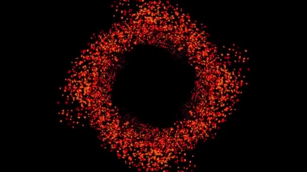 Colorido viaje espacial a través del vórtice formado por diminutas partículas voladoras rojas sobre fondo negro. Animación. Hermosa espiral rosa de puntos en movimiento . — Vídeo de stock