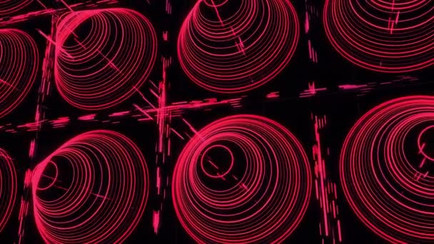 Abstrakt kon formade silhuetter av färgglada smala cirklar placeras i rader med många raka linjer på svart bakgrund, sömlös loop. Animering. Futuristisk bakgrund. — Stockvideo