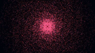 Siyah zemin üzerinde küçük pembe uçan parçacıklar tarafından oluşturulan girdap boyunca renkli uzay yolculuğu. Animasyon. Güzel pembe noktalar sarmalı.